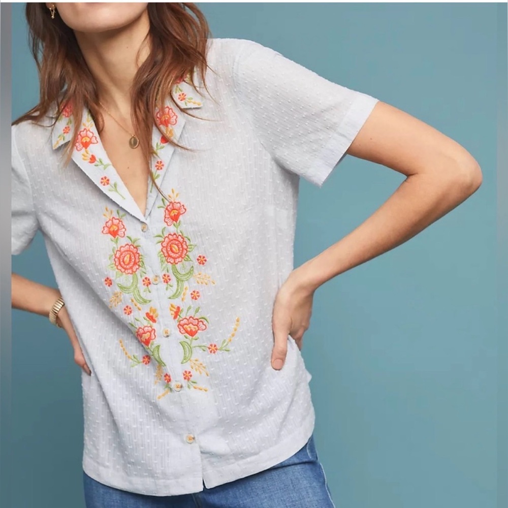 Anthropologie-Maeve-Christie-Embroidered-Floral-Button down-Blouse-Top-Cottage-6 - Picture 2 of 14